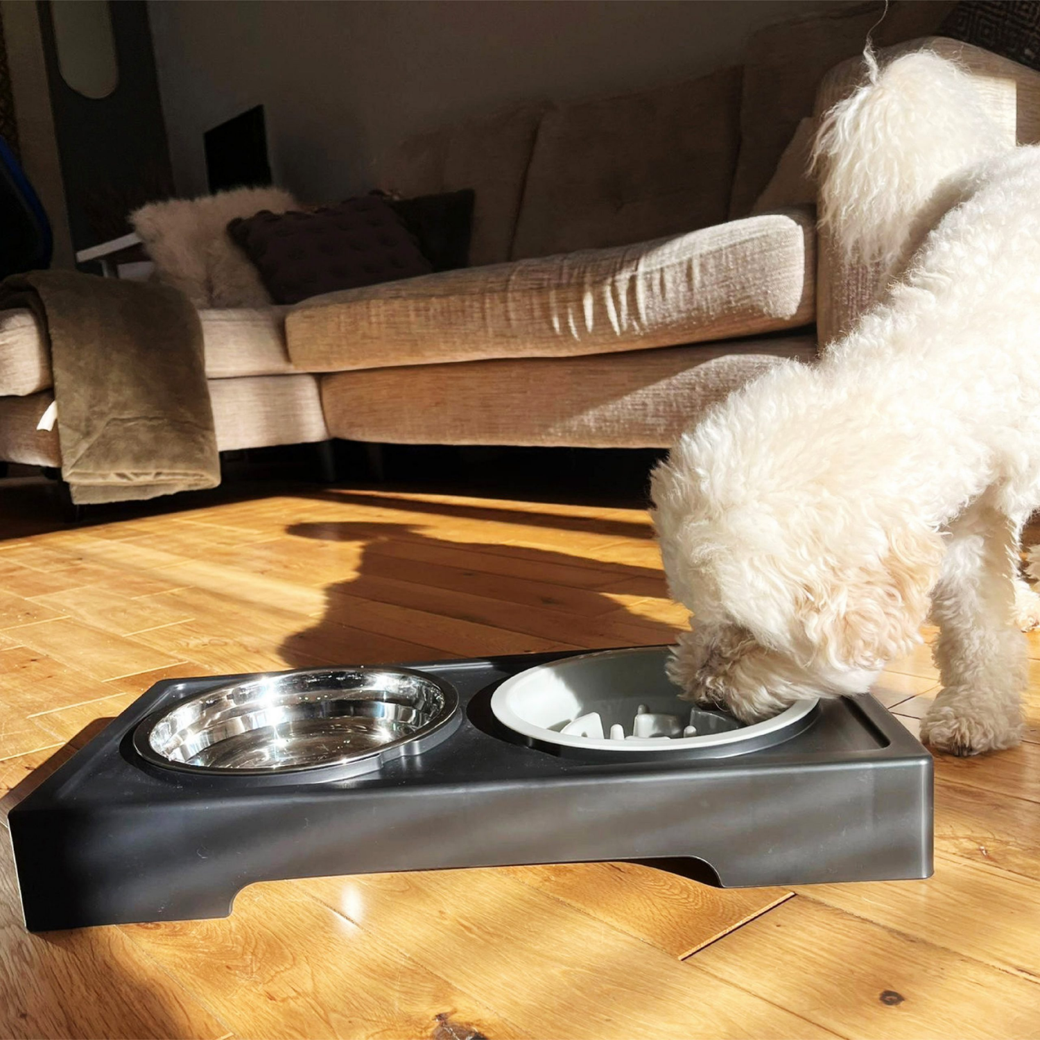 Adjustable Double Diner Bowl Set with Slow Feeder for Dogs product detail – Double Bowl