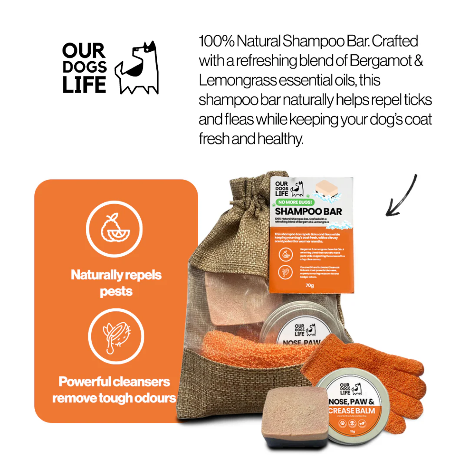 Bug Off Natural Shampoo Bar & Balm for Dogs packaging – Tick Repellent
