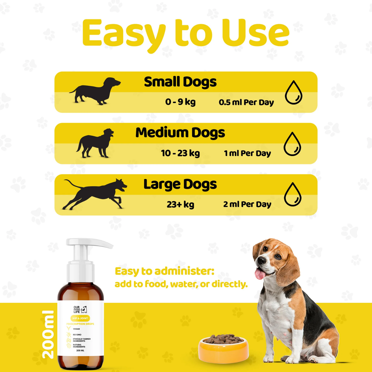 Joint & Hip Supplement Drops for Dogs (200ml) usage view – Easy Dosing