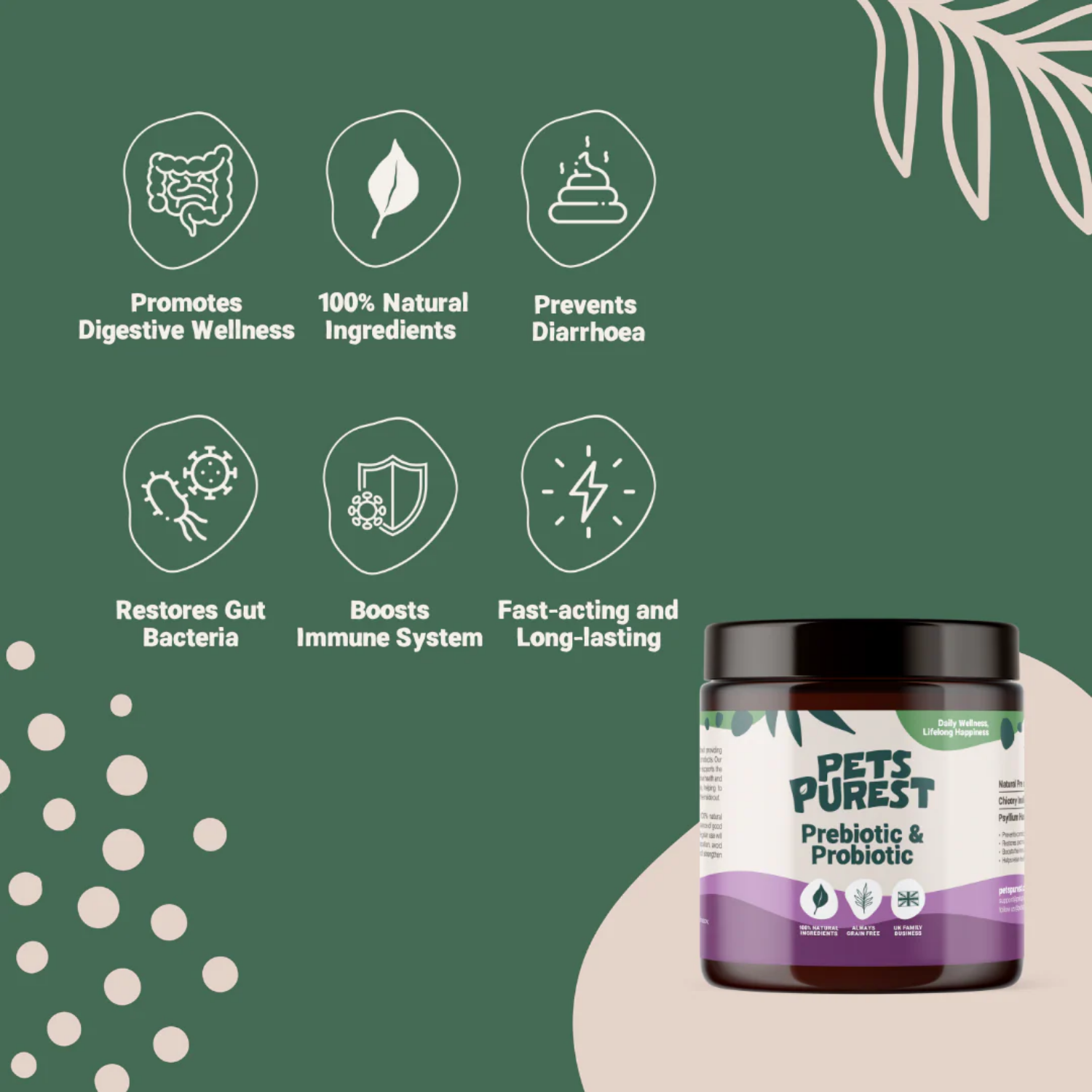 Natural Pre & Probiotic Powder for Dogs & Cats 100g product detail – Reduces Bloating