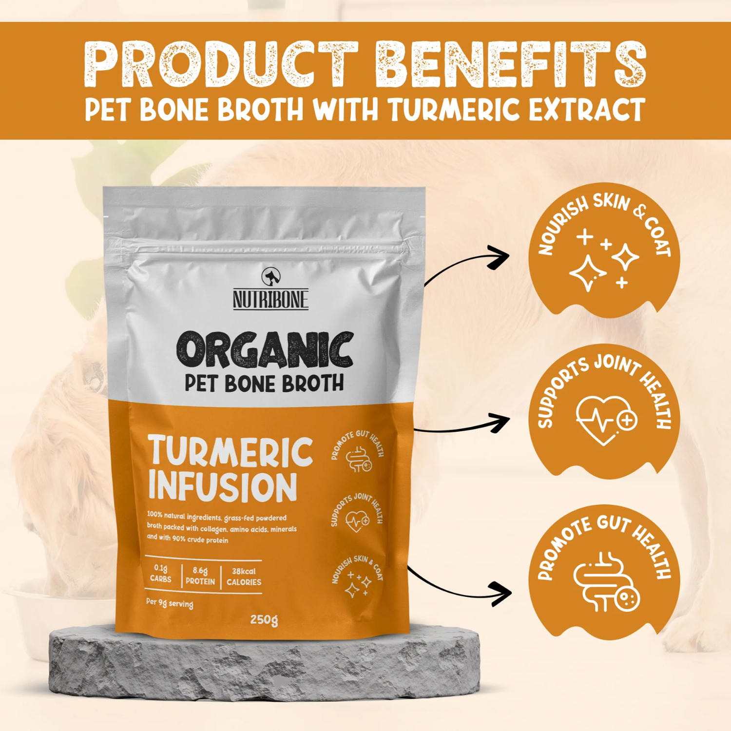 Turmeric Bone Broth Powder Supplement for Dogs & Cats packaging – Gut Health